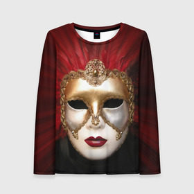 Женский лонгслив 3D с принтом Венецианская маска в Новосибирске, 100% полиэстер | длинные рукава, круглый вырез горловины, полуприлегающий силуэт | Тематика изображения на принте: венеция | италия | карнавал | красный | лицо | перья
