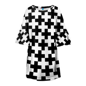 Детское платье 3D с принтом Крест в Новосибирске, 100% полиэстер | прямой силуэт, чуть расширенный к низу. Круглая горловина, на рукавах — воланы | cross | крест | оптическая иллюзия | орнамент | узор | чёрно белый