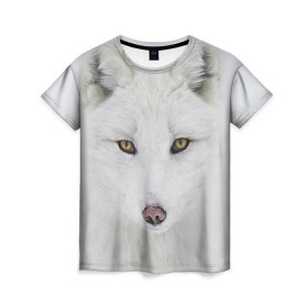 Женская футболка 3D с принтом Полярная лиса в Новосибирске, 100% полиэфир ( синтетическое хлопкоподобное полотно) | прямой крой, круглый вырез горловины, длина до линии бедер | animal | polar fox | predator | sly | white | wild | белая | дикая | животное | лиса | полярная | хитрая | хищник