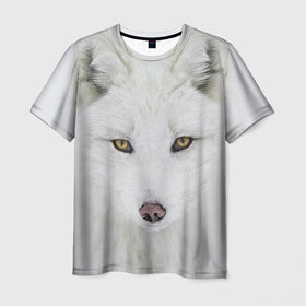 Мужская футболка 3D с принтом Полярная лиса в Новосибирске, 100% полиэфир | прямой крой, круглый вырез горловины, длина до линии бедер | animal | polar fox | predator | sly | white | wild | белая | дикая | животное | лиса | полярная | хитрая | хищник