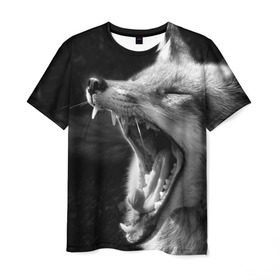 Мужская футболка 3D с принтом Лиса в Новосибирске, 100% полиэфир | прямой крой, круглый вырез горловины, длина до линии бедер | animal | bw | fox | jaws | predator | sly | teeth | wild | yawn | дикая | животное | зевает | зубы | лиса | пасть | хитрая | хищник | чб