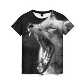 Женская футболка 3D с принтом Лиса в Новосибирске, 100% полиэфир ( синтетическое хлопкоподобное полотно) | прямой крой, круглый вырез горловины, длина до линии бедер | animal | bw | fox | jaws | predator | sly | teeth | wild | yawn | дикая | животное | зевает | зубы | лиса | пасть | хитрая | хищник | чб