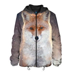 Мужская куртка 3D с принтом Лиса в Новосибирске, ткань верха — 100% полиэстер, подклад — флис | прямой крой, подол и капюшон оформлены резинкой с фиксаторами, два кармана без застежек по бокам, один большой потайной карман на груди. Карман на груди застегивается на липучку | animal | baby | fox | predator | red | sly | snow | view | wild | winter | взгляд | дикая | животное | зима | лиса | малыш | рыжая | снег | хитрая | хищник