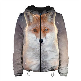 Женская куртка 3D с принтом Лиса в Новосибирске, ткань верха — 100% полиэстер, подклад — флис | прямой крой, подол и капюшон оформлены резинкой с фиксаторами, два кармана без застежек по бокам, один большой потайной карман на груди. Карман на груди застегивается на липучку | animal | baby | fox | predator | red | sly | snow | view | wild | winter | взгляд | дикая | животное | зима | лиса | малыш | рыжая | снег | хитрая | хищник