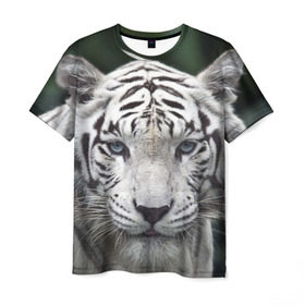 Мужская футболка 3D с принтом Белый тигр в Новосибирске, 100% полиэфир | прямой крой, круглый вырез горловины, длина до линии бедер | animal | jungle | look | predator | tiger | white | wild | белый | взгляд | джунгли | дикий | животное | тигр | хищник