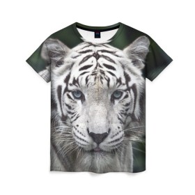 Женская футболка 3D с принтом Белый тигр в Новосибирске, 100% полиэфир ( синтетическое хлопкоподобное полотно) | прямой крой, круглый вырез горловины, длина до линии бедер | animal | jungle | look | predator | tiger | white | wild | белый | взгляд | джунгли | дикий | животное | тигр | хищник