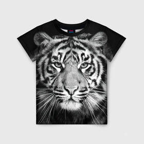 Детская футболка 3D с принтом Тигр в Новосибирске, 100% гипоаллергенный полиэфир | прямой крой, круглый вырез горловины, длина до линии бедер, чуть спущенное плечо, ткань немного тянется | animal | black   white | look | predator | tiger | wild | взгляд | дикий | животное | тигр | хищник | черно   белый