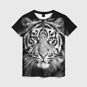 Женская футболка 3D с принтом Тигр в Новосибирске, 100% полиэфир ( синтетическое хлопкоподобное полотно) | прямой крой, круглый вырез горловины, длина до линии бедер | animal | black   white | look | predator | tiger | wild | взгляд | дикий | животное | тигр | хищник | черно   белый