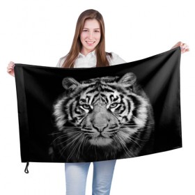 Флаг 3D с принтом Тигр в Новосибирске, 100% полиэстер | плотность ткани — 95 г/м2, размер — 67 х 109 см. Принт наносится с одной стороны | animal | black   white | look | predator | tiger | wild | взгляд | дикий | животное | тигр | хищник | черно   белый