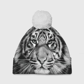 Шапка 3D c помпоном с принтом Тигр в Новосибирске, 100% полиэстер | универсальный размер, печать по всей поверхности изделия | Тематика изображения на принте: animal | black   white | look | predator | tiger | wild | взгляд | дикий | животное | тигр | хищник | черно   белый