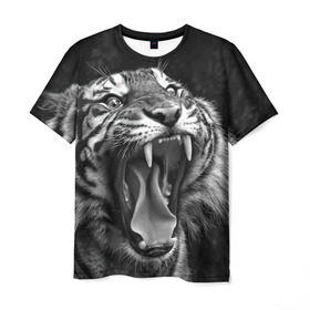 Мужская футболка 3D с принтом Тигр в Новосибирске, 100% полиэфир | прямой крой, круглый вырез горловины, длина до линии бедер | Тематика изображения на принте: animal | black   white | fangs | jaws | jungle | predator | teeth | tiger | wild | джунгли | дикий | животное | клыки | оскал | пасть | тигр | хищник | черно   белый