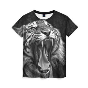 Женская футболка 3D с принтом Тигр в Новосибирске, 100% полиэфир ( синтетическое хлопкоподобное полотно) | прямой крой, круглый вырез горловины, длина до линии бедер | animal | black   white | fangs | jaws | jungle | predator | teeth | tiger | wild | джунгли | дикий | животное | клыки | оскал | пасть | тигр | хищник | черно   белый