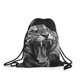 Рюкзак-мешок 3D с принтом Тигр в Новосибирске, 100% полиэстер | плотность ткани — 200 г/м2, размер — 35 х 45 см; лямки — толстые шнурки, застежка на шнуровке, без карманов и подкладки | animal | black   white | fangs | jaws | jungle | predator | teeth | tiger | wild | джунгли | дикий | животное | клыки | оскал | пасть | тигр | хищник | черно   белый