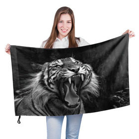 Флаг 3D с принтом Тигр в Новосибирске, 100% полиэстер | плотность ткани — 95 г/м2, размер — 67 х 109 см. Принт наносится с одной стороны | animal | black   white | fangs | jaws | jungle | predator | teeth | tiger | wild | джунгли | дикий | животное | клыки | оскал | пасть | тигр | хищник | черно   белый