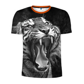 Мужская футболка 3D спортивная с принтом Тигр в Новосибирске, 100% полиэстер с улучшенными характеристиками | приталенный силуэт, круглая горловина, широкие плечи, сужается к линии бедра | animal | black   white | fangs | jaws | jungle | predator | teeth | tiger | wild | джунгли | дикий | животное | клыки | оскал | пасть | тигр | хищник | черно   белый