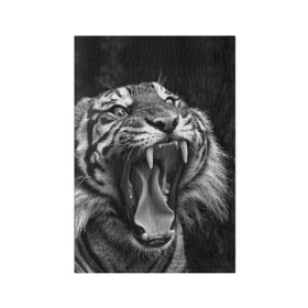Обложка для паспорта матовая кожа с принтом Тигр в Новосибирске, натуральная матовая кожа | размер 19,3 х 13,7 см; прозрачные пластиковые крепления | Тематика изображения на принте: animal | black   white | fangs | jaws | jungle | predator | teeth | tiger | wild | джунгли | дикий | животное | клыки | оскал | пасть | тигр | хищник | черно   белый