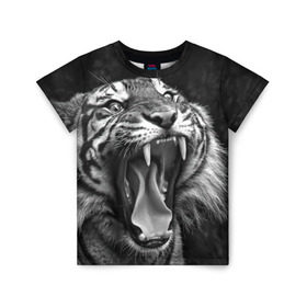 Детская футболка 3D с принтом Тигр в Новосибирске, 100% гипоаллергенный полиэфир | прямой крой, круглый вырез горловины, длина до линии бедер, чуть спущенное плечо, ткань немного тянется | animal | black   white | fangs | jaws | jungle | predator | teeth | tiger | wild | джунгли | дикий | животное | клыки | оскал | пасть | тигр | хищник | черно   белый