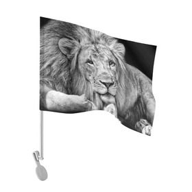 Флаг для автомобиля с принтом Лев в Новосибирске, 100% полиэстер | Размер: 30*21 см | animal | black   white | king | lies | lion | look | predator | wild | взгляд | дикий | животное | зверь | лев | лежит | хищник | царь | черно   белый