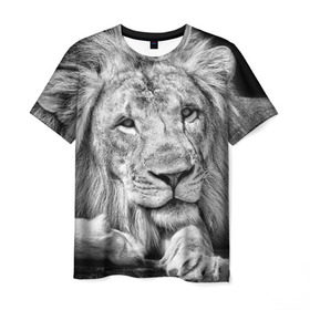 Мужская футболка 3D с принтом Лев в Новосибирске, 100% полиэфир | прямой крой, круглый вырез горловины, длина до линии бедер | Тематика изображения на принте: animal | black   white | king | lies | lion | look | predator | wild | взгляд | дикий | животное | зверь | лев | лежит | хищник | царь | черно   белый