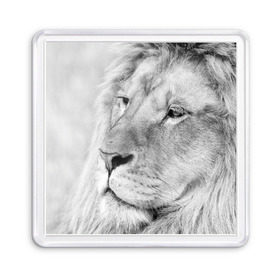 Магнит 55*55 с принтом Лев в Новосибирске, Пластик | Размер: 65*65 мм; Размер печати: 55*55 мм | animal | black   white | king | lion | look | predator | wild | взгляд | дикий | животное | зверь | лев | хищник | царь | черно   белый