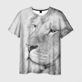 Мужская футболка 3D с принтом Лев в Новосибирске, 100% полиэфир | прямой крой, круглый вырез горловины, длина до линии бедер | Тематика изображения на принте: animal | black   white | king | lion | look | predator | wild | взгляд | дикий | животное | зверь | лев | хищник | царь | черно   белый