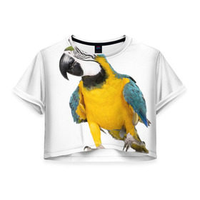 Женская футболка 3D укороченная с принтом Попугай ара в Новосибирске, 100% полиэстер | круглая горловина, длина футболки до линии талии, рукава с отворотами | желтый | птица | синий | экзотика