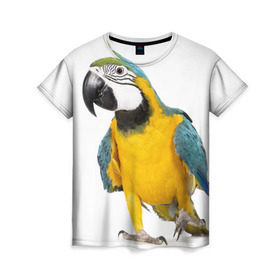 Женская футболка 3D с принтом Попугай ара в Новосибирске, 100% полиэфир ( синтетическое хлопкоподобное полотно) | прямой крой, круглый вырез горловины, длина до линии бедер | желтый | птица | синий | экзотика