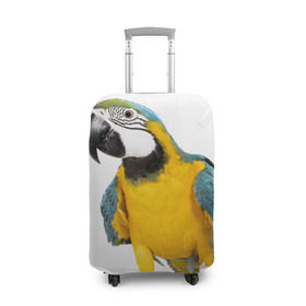 Чехол для чемодана 3D с принтом Попугай ара в Новосибирске, 86% полиэфир, 14% спандекс | двустороннее нанесение принта, прорези для ручек и колес | желтый | птица | синий | экзотика