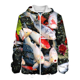 Мужская куртка 3D с принтом Koi Fish (карпы кои) в Новосибирске, ткань верха — 100% полиэстер, подклад — флис | прямой крой, подол и капюшон оформлены резинкой с фиксаторами, два кармана без застежек по бокам, один большой потайной карман на груди. Карман на груди застегивается на липучку | bright | brocade | carp | color | decorative | depth | exotic | fish | koi | koi fish | sea | water | вода | глубина | декоративные | карпы | кои | море | парчовый | рыбки | цвет | экзотические | яркий
