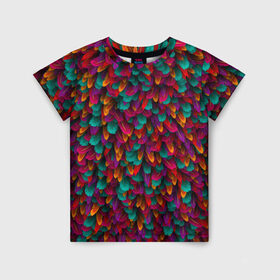 Детская футболка 3D с принтом Перья в Новосибирске, 100% гипоаллергенный полиэфир | прямой крой, круглый вырез горловины, длина до линии бедер, чуть спущенное плечо, ткань немного тянется | петух | попугай | птица | разноцветный | текстура | чудо