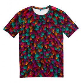 Мужская футболка 3D с принтом Перья в Новосибирске, 100% полиэфир | прямой крой, круглый вырез горловины, длина до линии бедер | Тематика изображения на принте: петух | попугай | птица | разноцветный | текстура | чудо