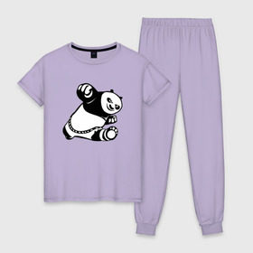 Женская пижама хлопок с принтом Панда в Новосибирске, 100% хлопок | брюки и футболка прямого кроя, без карманов, на брюках мягкая резинка на поясе и по низу штанин | Тематика изображения на принте: кунг фу | мульт | панда