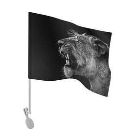 Флаг для автомобиля с принтом Львица в Новосибирске, 100% полиэстер | Размер: 30*21 см | animal | fangs | head | lion | lioness | predator | teeth | wild | голова | дикая | животное | клыки | лев | львица | оскал | хищник