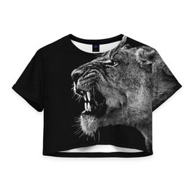 Женская футболка 3D укороченная с принтом Львица в Новосибирске, 100% полиэстер | круглая горловина, длина футболки до линии талии, рукава с отворотами | animal | fangs | head | lion | lioness | predator | teeth | wild | голова | дикая | животное | клыки | лев | львица | оскал | хищник