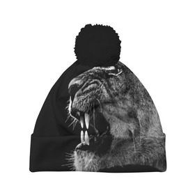 Шапка 3D c помпоном с принтом Львица в Новосибирске, 100% полиэстер | универсальный размер, печать по всей поверхности изделия | animal | fangs | head | lion | lioness | predator | teeth | wild | голова | дикая | животное | клыки | лев | львица | оскал | хищник