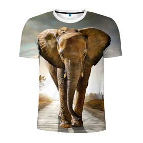 Мужская футболка 3D спортивная с принтом Слон в Новосибирске, 100% полиэстер с улучшенными характеристиками | приталенный силуэт, круглая горловина, широкие плечи, сужается к линии бедра | Тематика изображения на принте: africa | animal | big | elephant | go | road | savannah | wild | африка | большой | дикий | дорога | животное | идет | саванна | слон