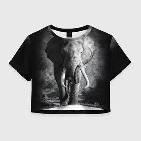 Женская футболка 3D укороченная с принтом Слон в Новосибирске, 100% полиэстер | круглая горловина, длина футболки до линии талии, рукава с отворотами | africa | animal | big | black   white | elephant | go | road | savannah | wild | африка | большой | дикий | дорога | животное | идет | саванна | слон | черно   белый