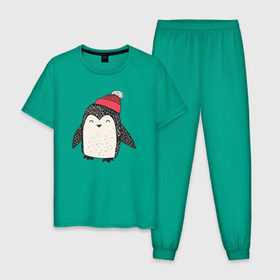Мужская пижама хлопок с принтом Пингвин в шапке в Новосибирске, 100% хлопок | брюки и футболка прямого кроя, без карманов, на брюках мягкая резинка на поясе и по низу штанин
 | Тематика изображения на принте: милота