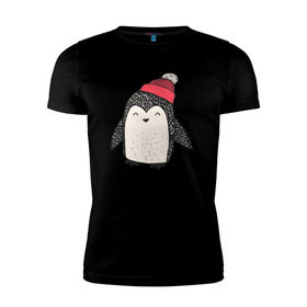 Мужская футболка премиум с принтом Пингвин в шапке в Новосибирске, 92% хлопок, 8% лайкра | приталенный силуэт, круглый вырез ворота, длина до линии бедра, короткий рукав | милота