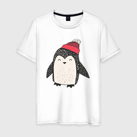 Мужская футболка хлопок с принтом Пингвин в шапке в Новосибирске, 100% хлопок | прямой крой, круглый вырез горловины, длина до линии бедер, слегка спущенное плечо. | Тематика изображения на принте: милота