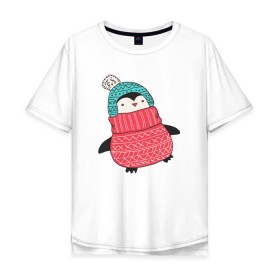 Мужская футболка хлопок Oversize с принтом Пингвин в шапке в Новосибирске, 100% хлопок | свободный крой, круглый ворот, “спинка” длиннее передней части | Тематика изображения на принте: 