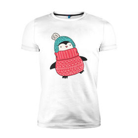 Мужская футболка премиум с принтом Пингвин в шапке в Новосибирске, 92% хлопок, 8% лайкра | приталенный силуэт, круглый вырез ворота, длина до линии бедра, короткий рукав | 