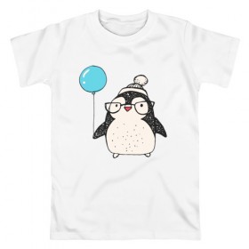 Мужская футболка хлопок с принтом Пингвин с шариком в Новосибирске, 100% хлопок | прямой крой, круглый вырез горловины, длина до линии бедер, слегка спущенное плечо. | Тематика изображения на принте: 