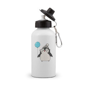 Бутылка спортивная с принтом Пингвин с шариком в Новосибирске, металл | емкость — 500 мл, в комплекте две пластиковые крышки и карабин для крепления | Тематика изображения на принте: 