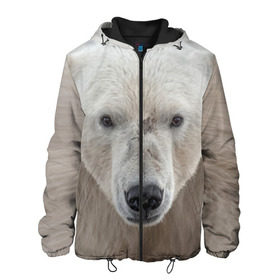 Мужская куртка 3D с принтом Белый медведь в Новосибирске, ткань верха — 100% полиэстер, подклад — флис | прямой крой, подол и капюшон оформлены резинкой с фиксаторами, два кармана без застежек по бокам, один большой потайной карман на груди. Карман на груди застегивается на липучку | Тематика изображения на принте: animal | bear | eyes | head | north | polar | predator | white | wild | белый | взгляд | голова | дикий | животное | медведь | полярный | север | хищник