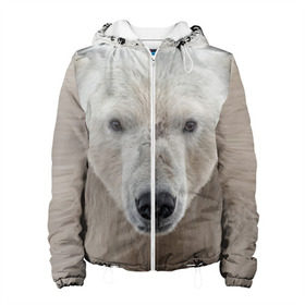 Женская куртка 3D с принтом Белый медведь в Новосибирске, ткань верха — 100% полиэстер, подклад — флис | прямой крой, подол и капюшон оформлены резинкой с фиксаторами, два кармана без застежек по бокам, один большой потайной карман на груди. Карман на груди застегивается на липучку | animal | bear | eyes | head | north | polar | predator | white | wild | белый | взгляд | голова | дикий | животное | медведь | полярный | север | хищник