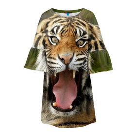 Детское платье 3D с принтом Тигр в Новосибирске, 100% полиэстер | прямой силуэт, чуть расширенный к низу. Круглая горловина, на рукавах — воланы | angry | animal | beast | jaws | predator | teeth | tiger | животное | зверь | злой | клыки | оскал | пасть | тигр | хищник