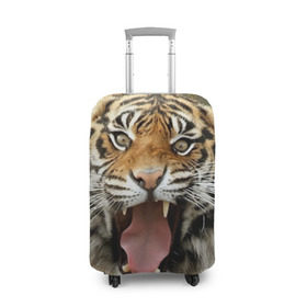 Чехол для чемодана 3D с принтом Тигр в Новосибирске, 86% полиэфир, 14% спандекс | двустороннее нанесение принта, прорези для ручек и колес | angry | animal | beast | jaws | predator | teeth | tiger | животное | зверь | злой | клыки | оскал | пасть | тигр | хищник