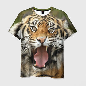 Мужская футболка 3D с принтом Тигр в Новосибирске, 100% полиэфир | прямой крой, круглый вырез горловины, длина до линии бедер | Тематика изображения на принте: angry | animal | beast | jaws | predator | teeth | tiger | животное | зверь | злой | клыки | оскал | пасть | тигр | хищник