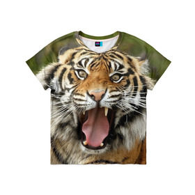 Детская футболка 3D с принтом Тигр в Новосибирске, 100% гипоаллергенный полиэфир | прямой крой, круглый вырез горловины, длина до линии бедер, чуть спущенное плечо, ткань немного тянется | angry | animal | beast | jaws | predator | teeth | tiger | животное | зверь | злой | клыки | оскал | пасть | тигр | хищник